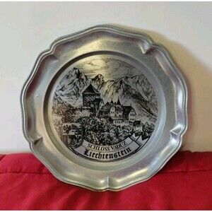 Vintage Pewter Schloss Vaduz Liechtenstein Wall Plate Castle Mid Century DecorEU